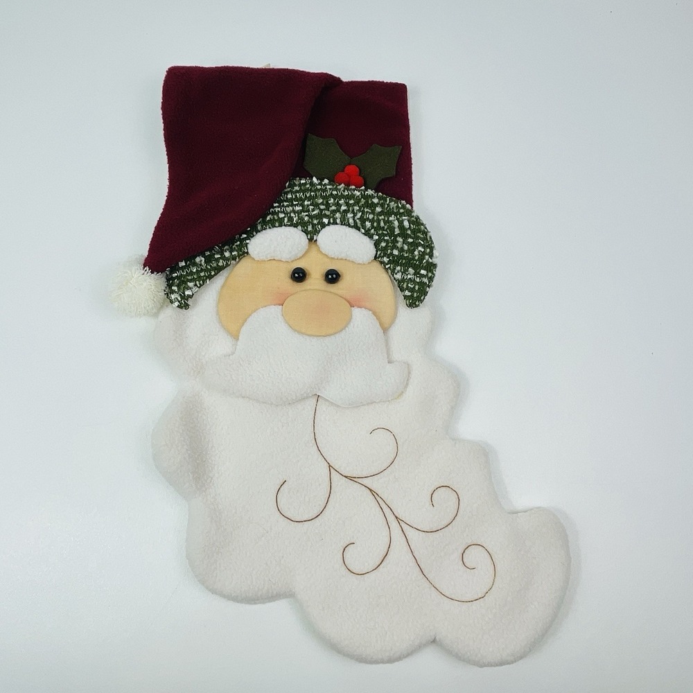 Santa Face Beard Fleece Christmas Stocking 3 D Red Green White Cloth 17x8" - Picture 1 of 11